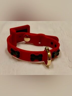 Bonefly Puppy Dog Gift Collar Red Gold 4 Black Bone Metal Charms Sz XS